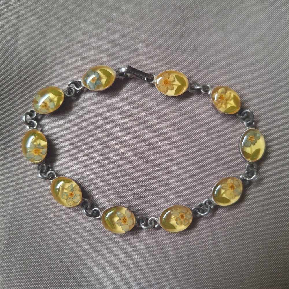 925 Forget Me Not Lucite Cabachon 7" Vintage Bracelet Sterling Silver Flower✨️
